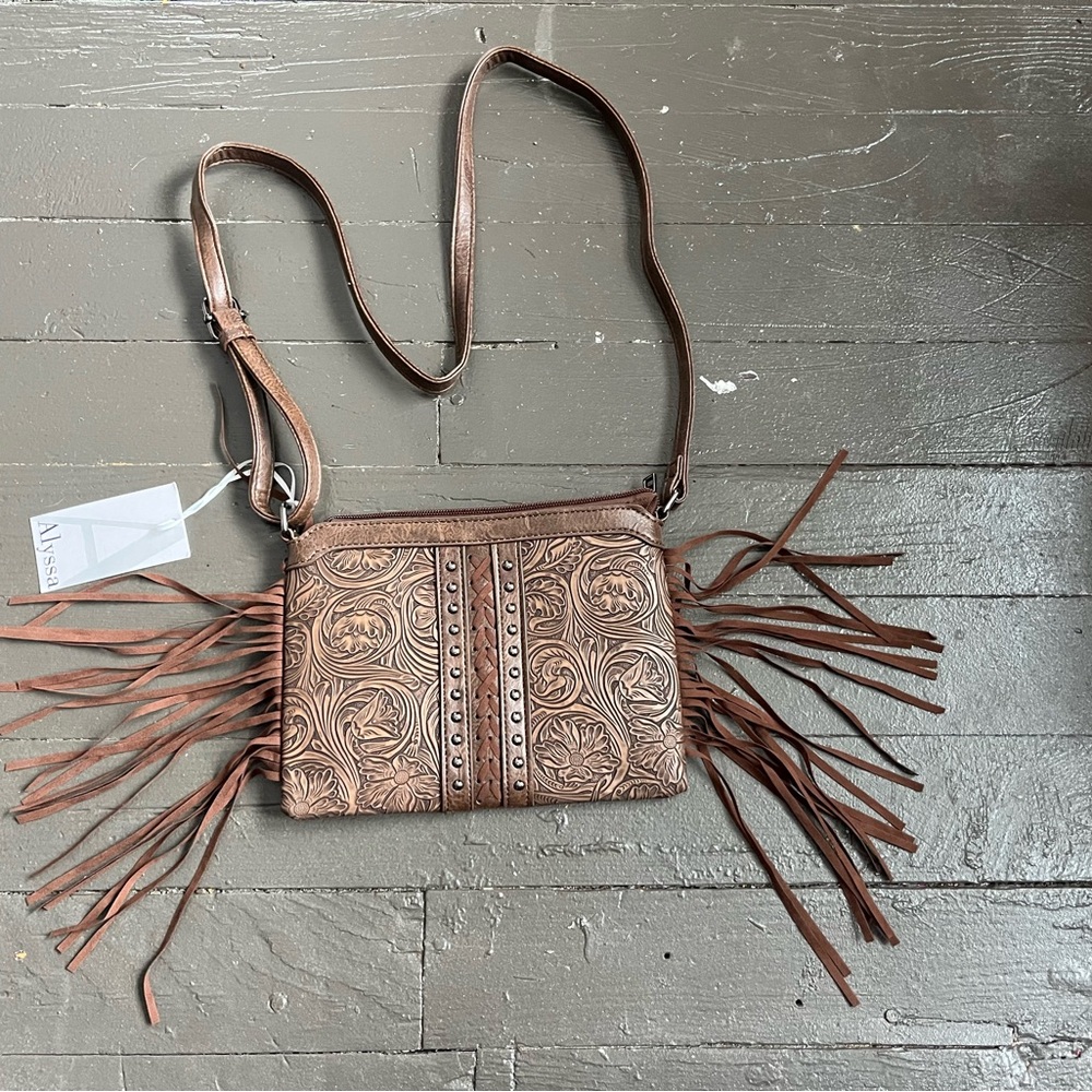 Alyssa brown fringe tooled crossbody purse